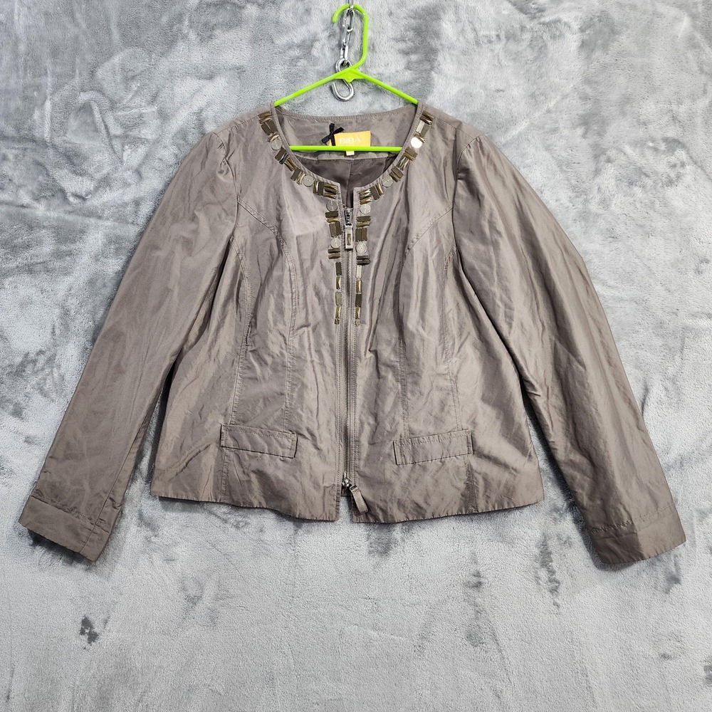 BiBA Jacket Womens US 16 Taupe‎ Shimmer Full Zip Beaded Collarless Lightweight